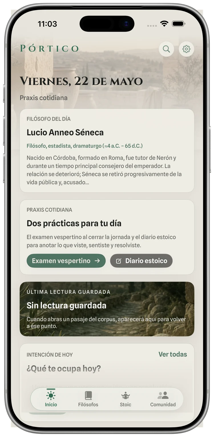 Pórtico — inicio del día con la meditación y las empresas activas en iPhone