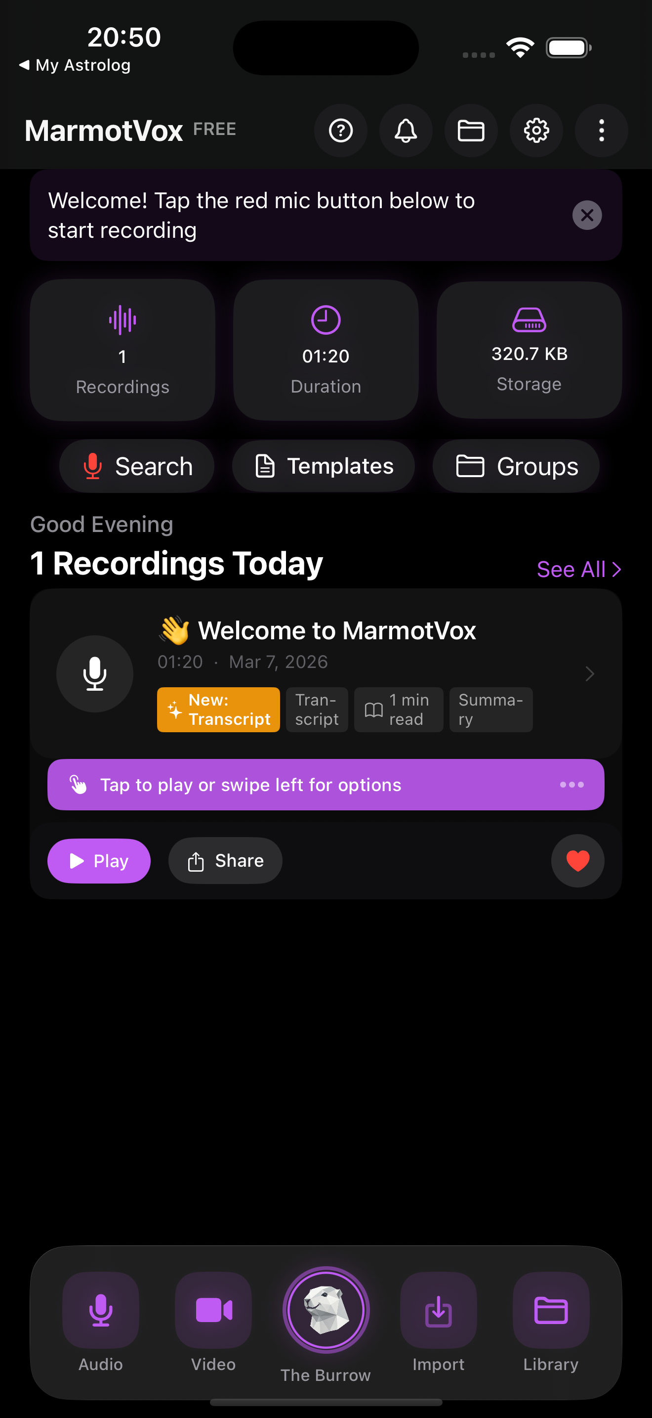 MarmotVox home screen
